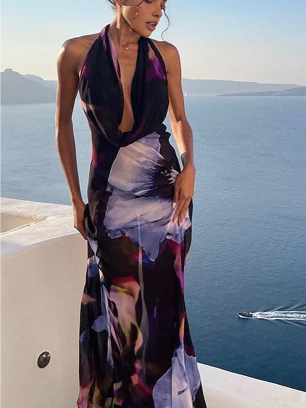Commense Semi-Sheer Halter Backless Maxi Dress